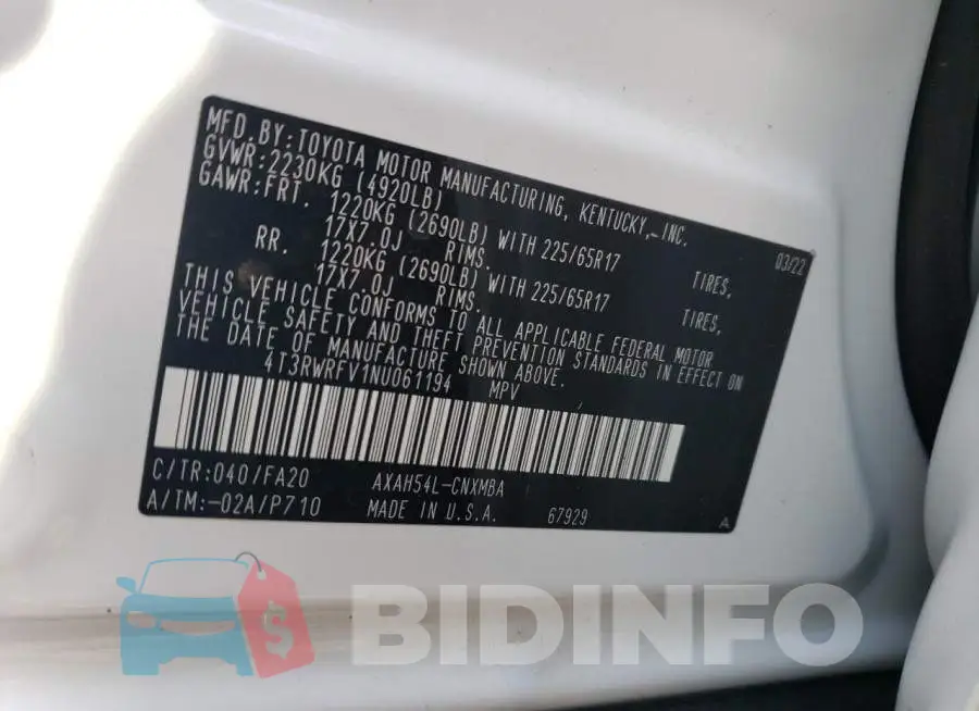 4T3RWRFV1NU061194 Photo# 12