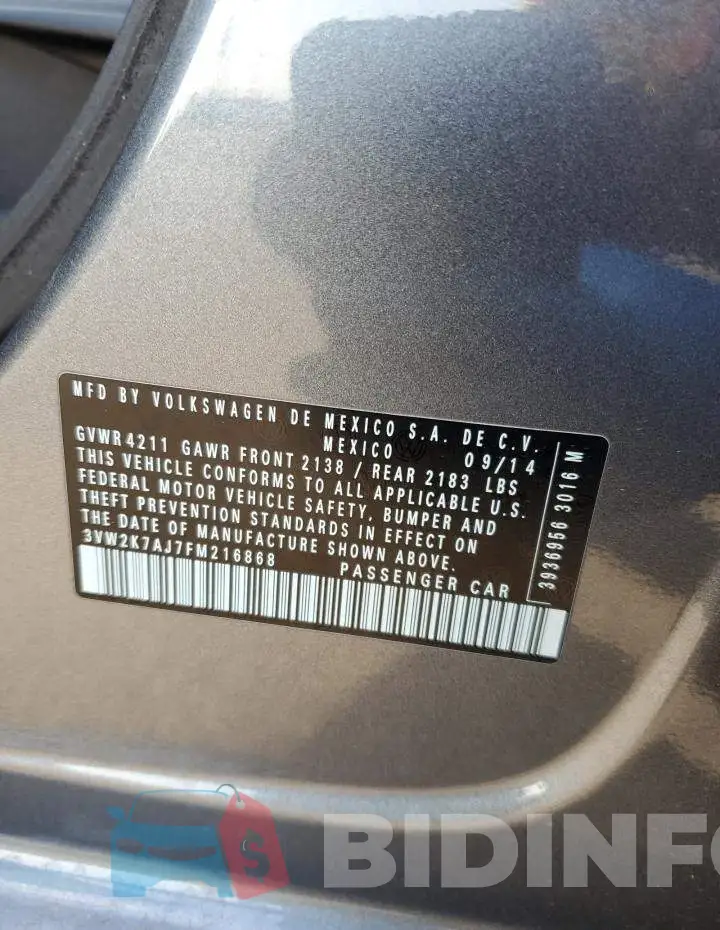 3VW2K7AJ7FM216868 Photo# 12