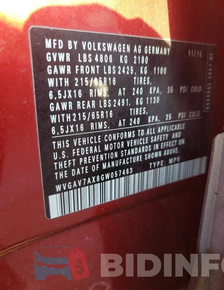 WVGAV7AX8GW057463 Photo# 14