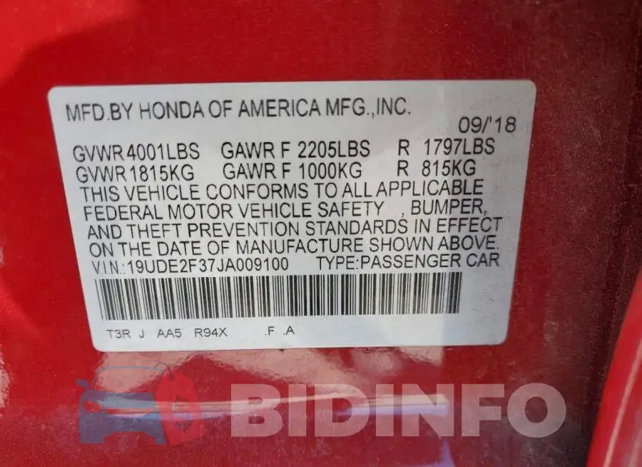 19UDE2F37JA009100 Photo# 12