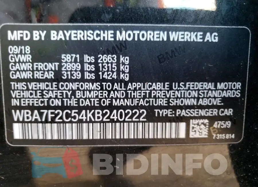 WBA7F2C54KB240222 Photo# 13