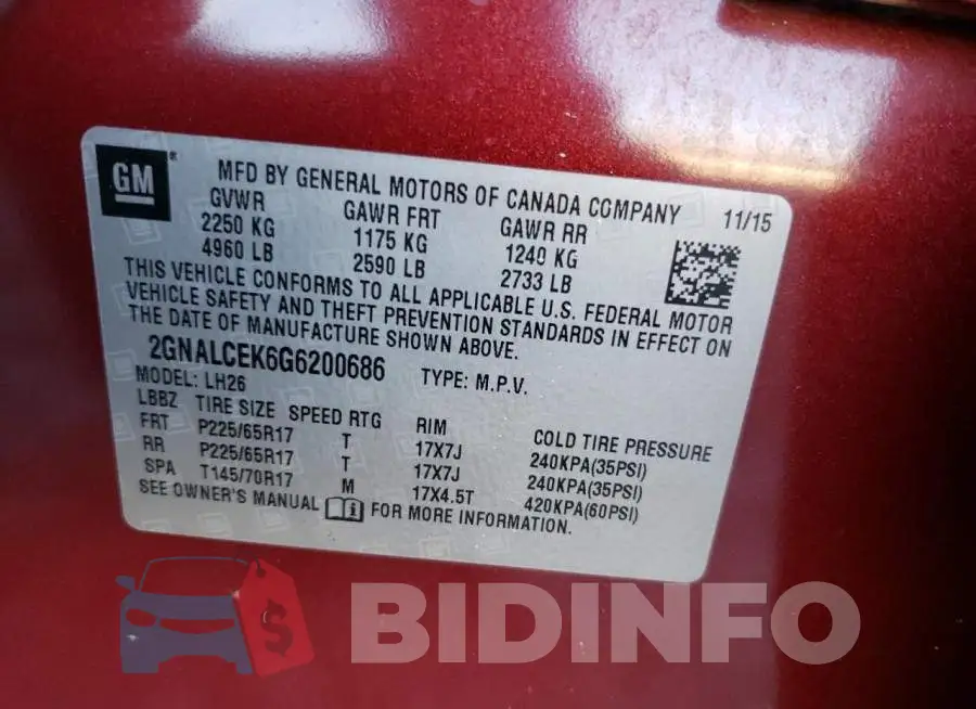 2GNALCEK6G6200686 Photo# 12