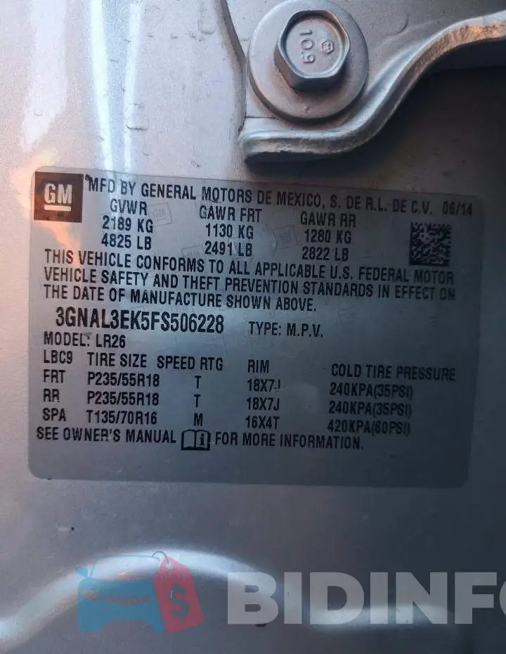 3GNAL3EK5FS506228 Photo# 13