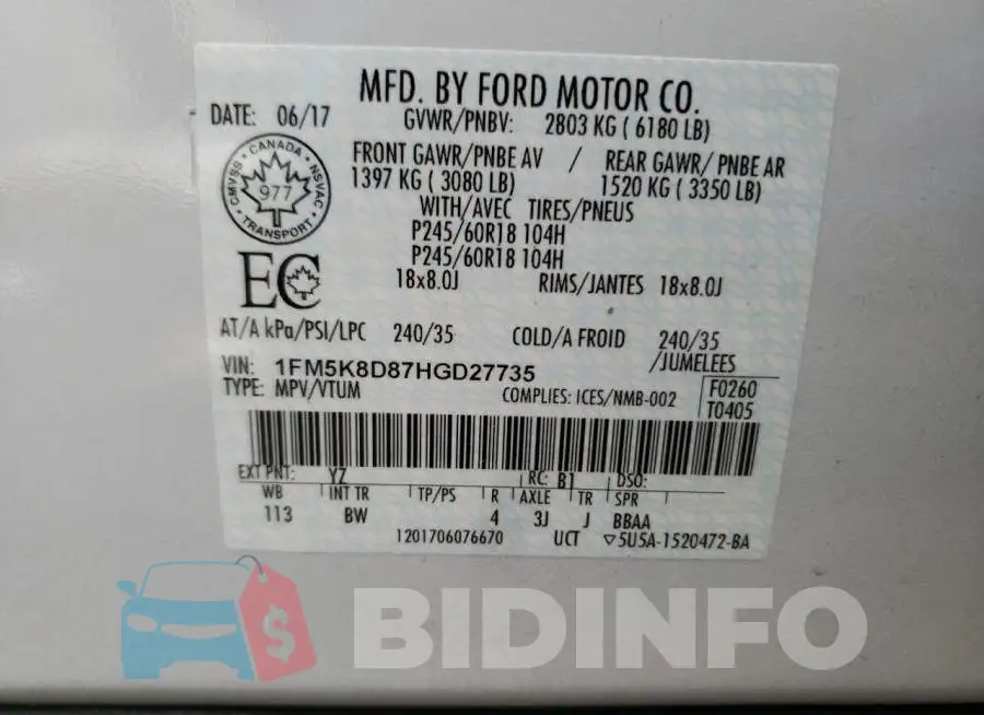 1FM5K8D87HGD27735 Photo# 13