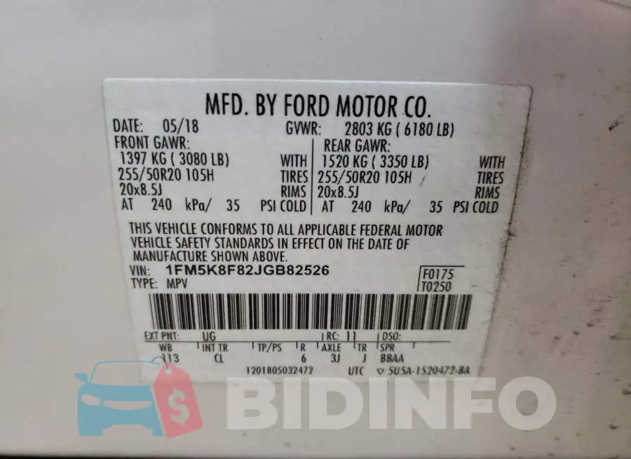 1FM5K8F82JGB82526 Photo# 13