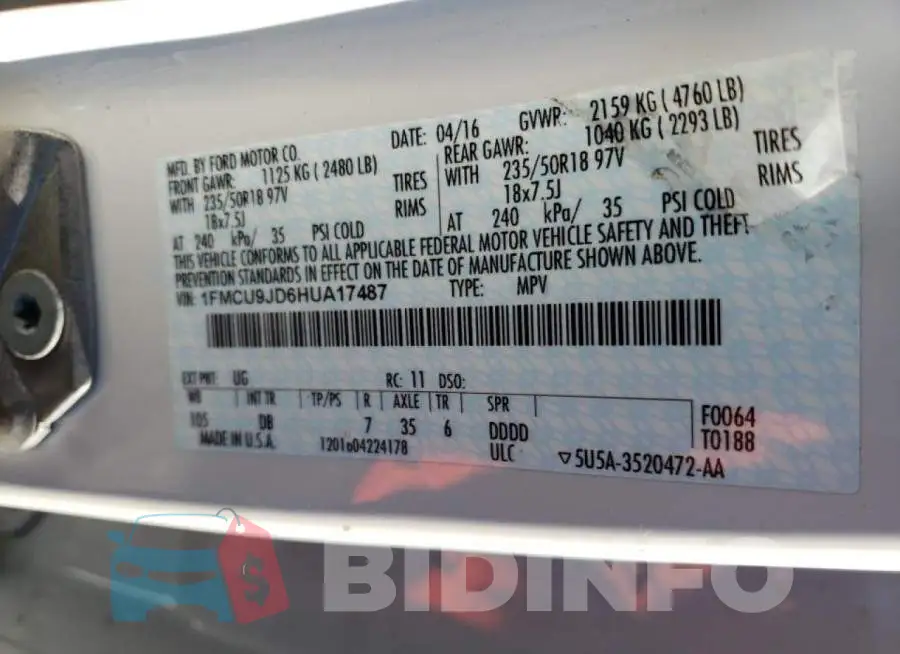 1FMCU9JD6HUA17487 Photo# 14