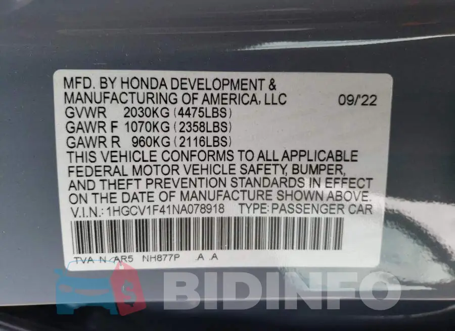1HGCV1F41NA078918 Photo# 12