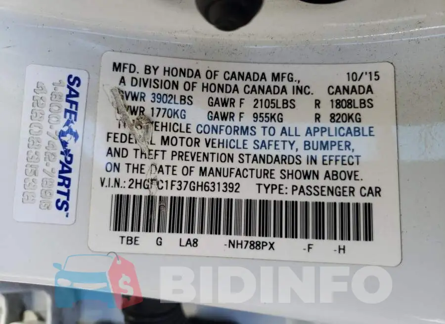 2HGFC1F37GH631392 Photo# 12