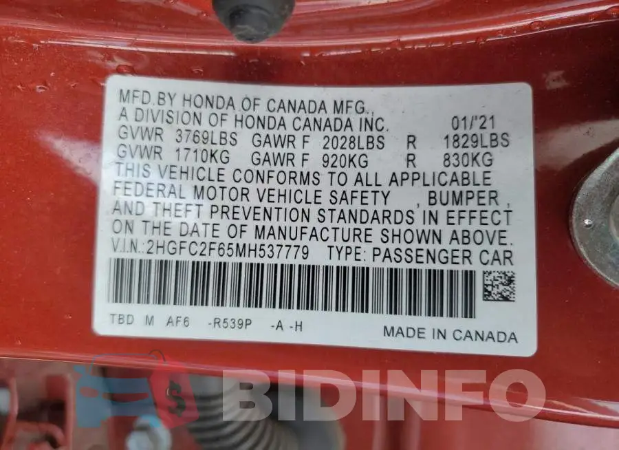 2HGFC2F65MH537779 Photo# 12