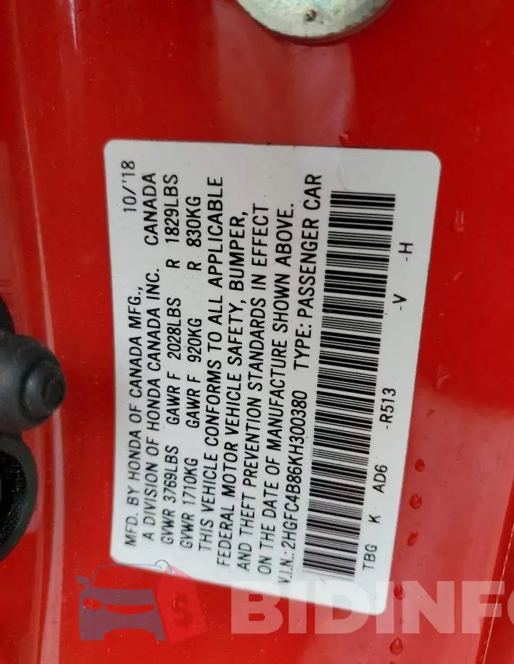 2HGFC4B86KH300380 Photo# 12