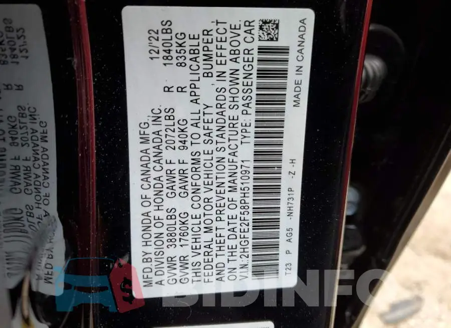 2HGFE2F58PH510971 Photo# 12