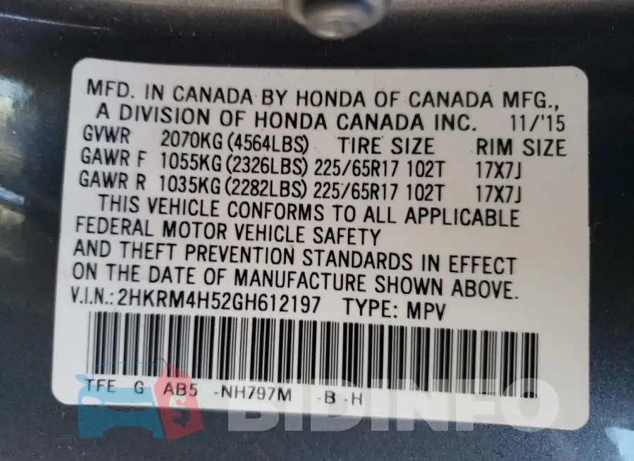 2HKRM4H52GH612197 Photo# 13