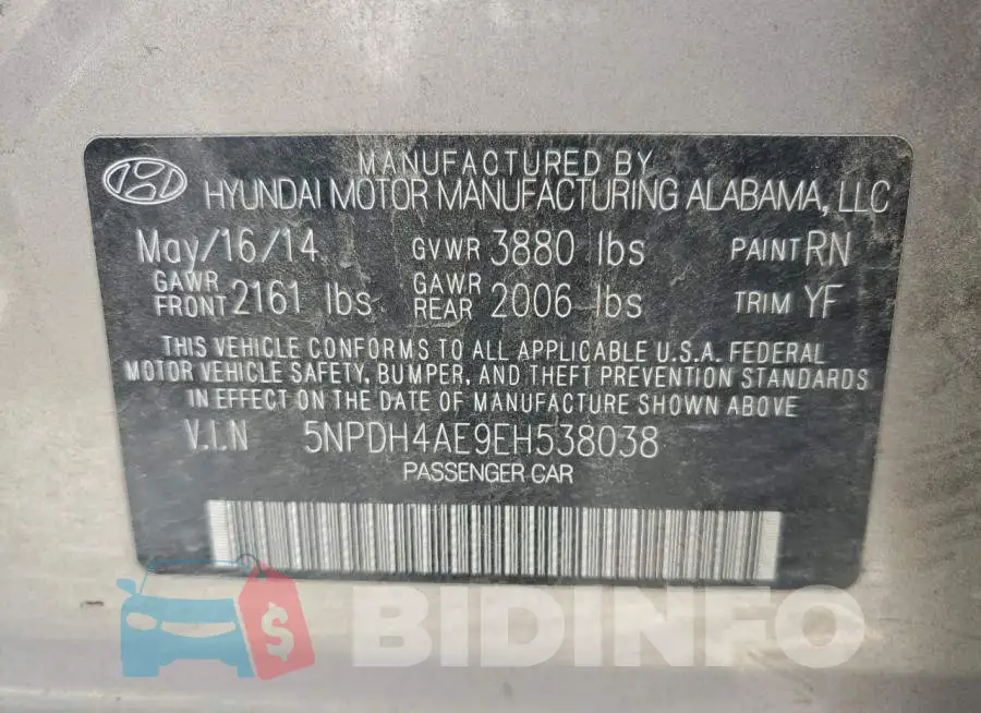 5NPDH4AE9EH538038 Photo# 12