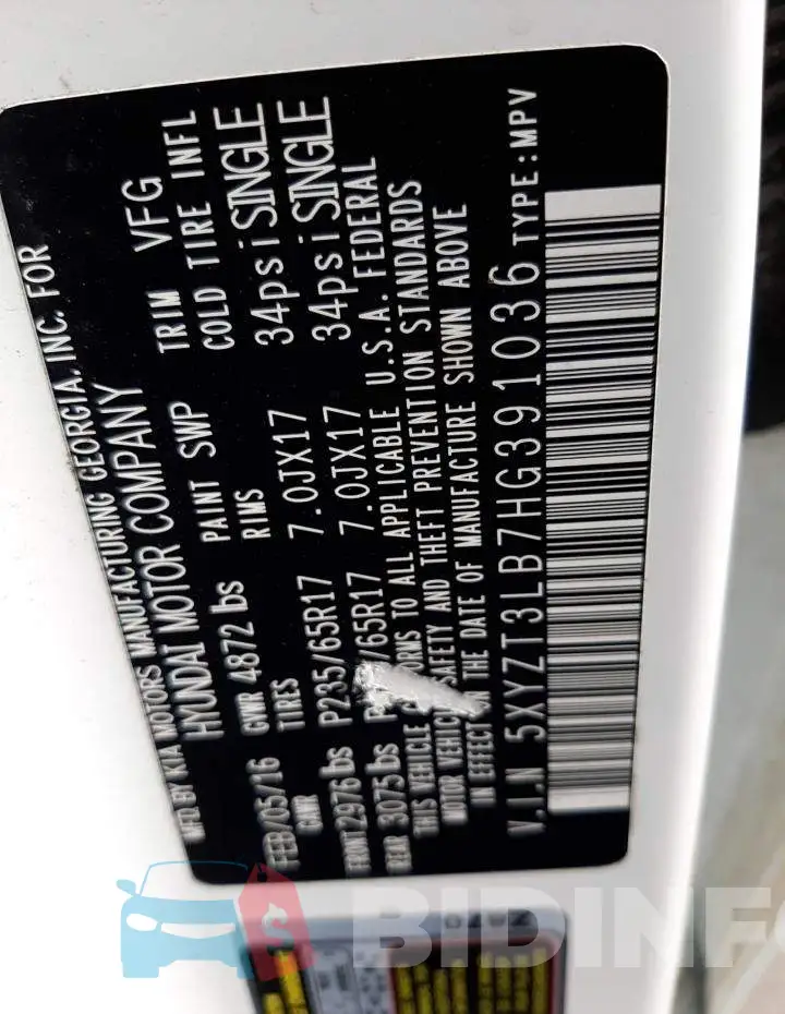 5XYZT3LB7HG391036 Photo# 14