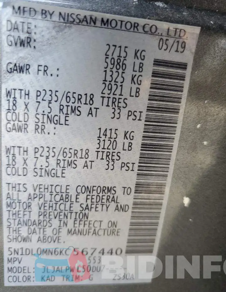 5N1DL0MN6KC567440 Photo# 13