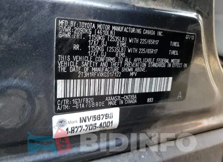 2T3H1RFVXKC017122 Photo# 12