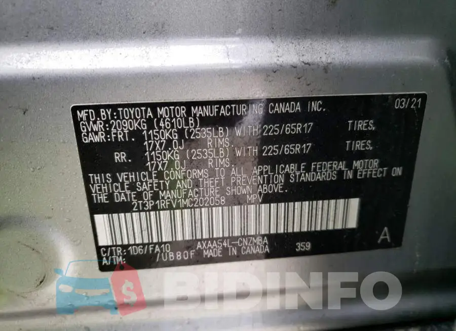 2T3P1RFV1MC202058 Photo# 14