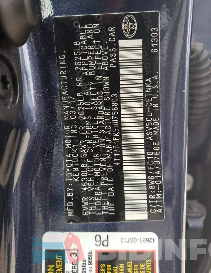4T1BF1FK5HU756803 Photo# 12