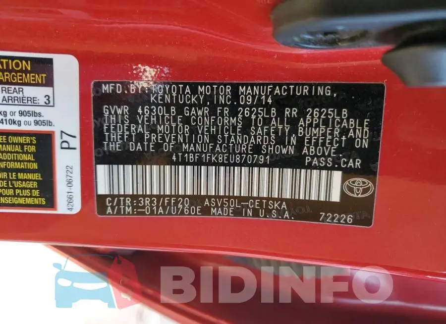 4T1BF1FK8EU870791 Photo# 13