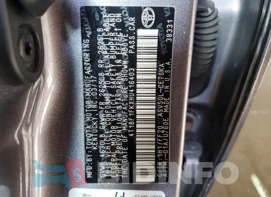 4T1BF1FKXHU416403 Photo# 10