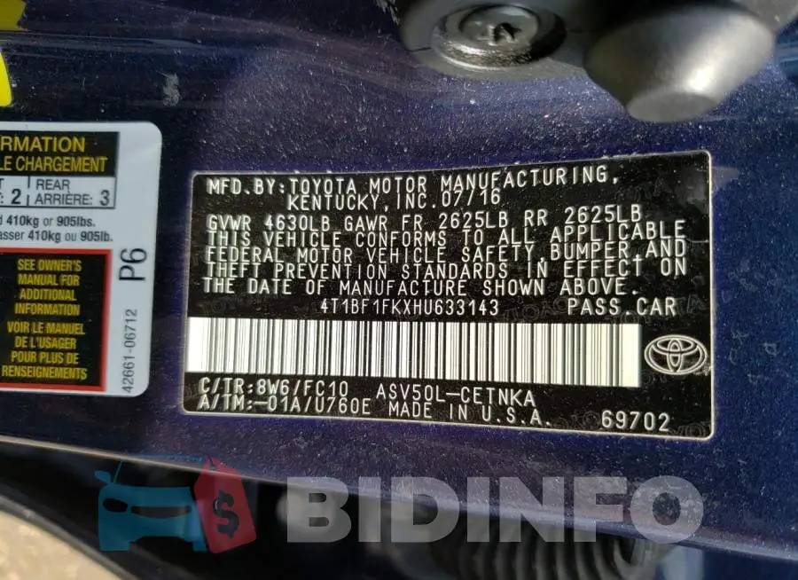 4T1BF1FKXHU633143 Photo# 12