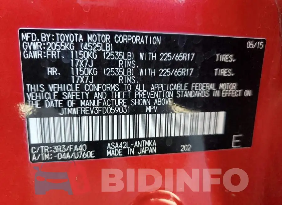 JTMWFREV3FD059031 Photo# 14