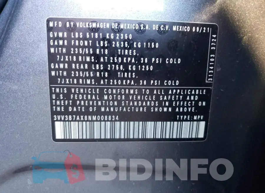 3VV3B7AX8NM008834 Photo# 13