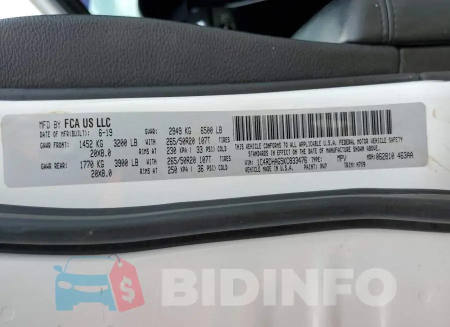 1C4RDHAG5KC833476 Photo# 13