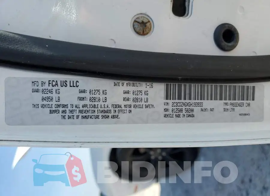 2C3CDZAGXGH193933 Photo# 12