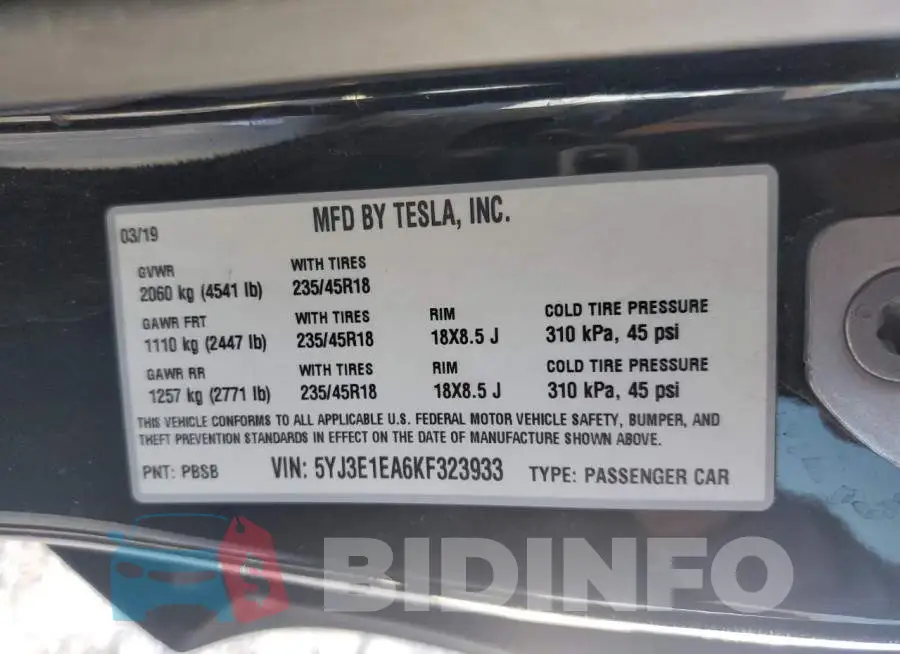 5YJ3E1EA6KF323933 Photo# 12