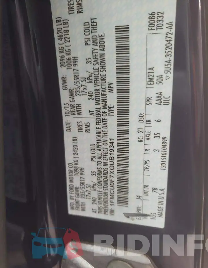 1FMCU0F7XGUB19341 Photo# 13