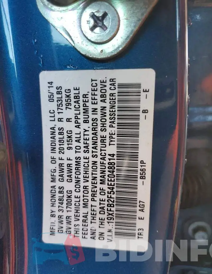19XFB2F54EE048814 Photo# 12