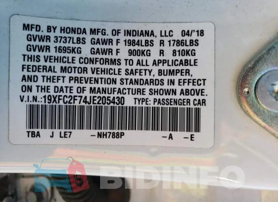 19XFC2F74JE205430 Photo# 12