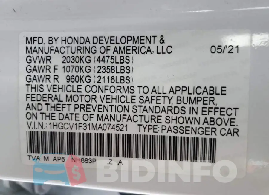 1HGCV1F31MA074521 Photo# 12