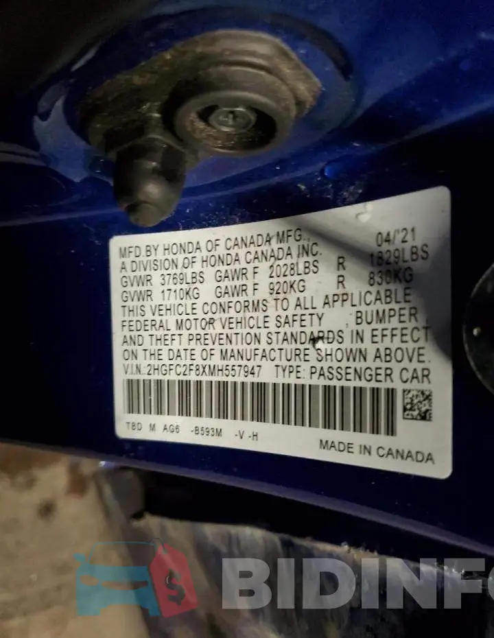 2HGFC2F8XMH557947 Photo# 12