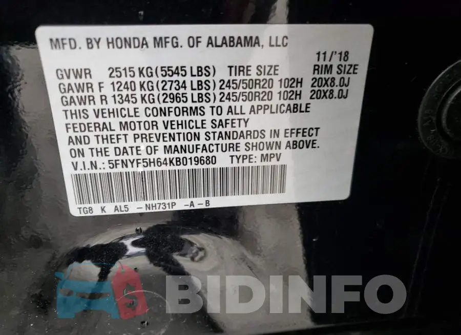 5FNYF5H64KB019680 Photo# 13