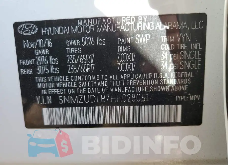 5NMZUDLB7HH028051 Photo# 14