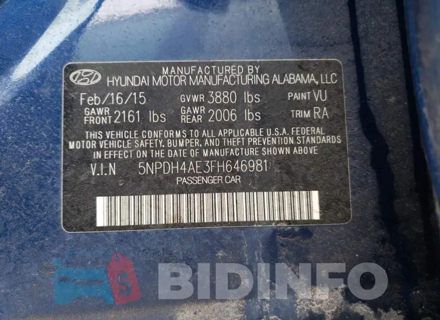 5NPDH4AE3FH646981 Photo# 12