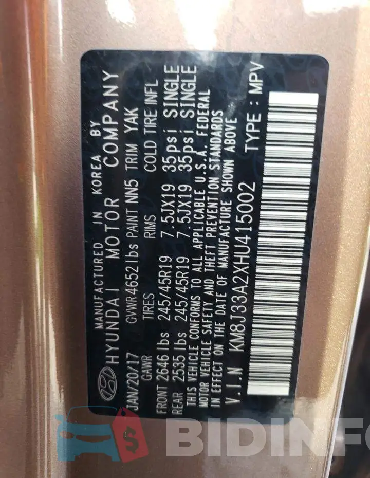 KM8J33A2XHU415002 Photo# 13