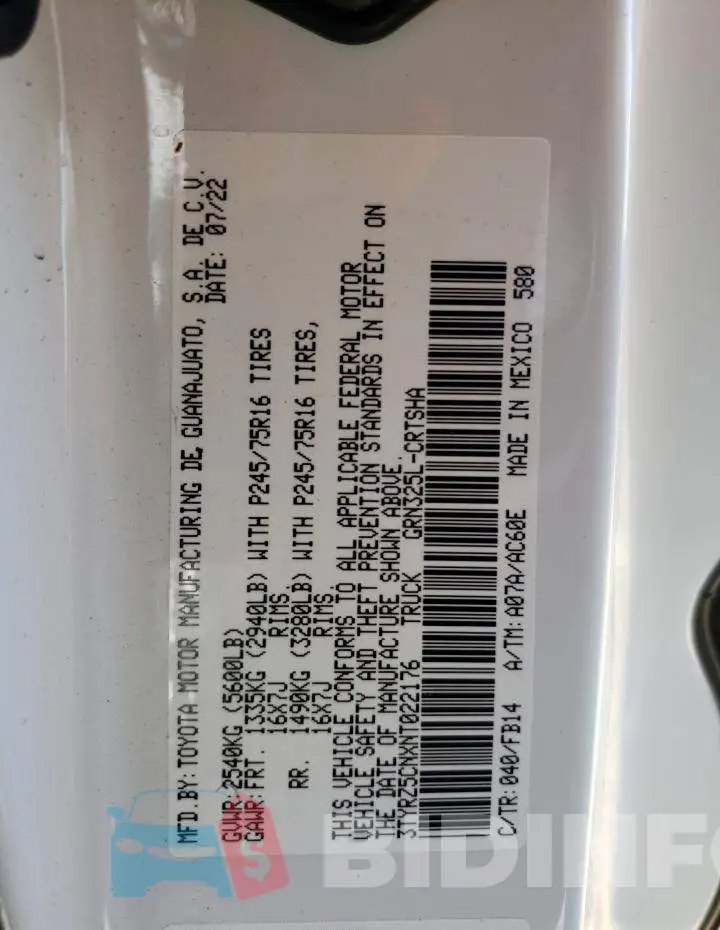 3TYRZ5CNXNT022176 Photo# 13