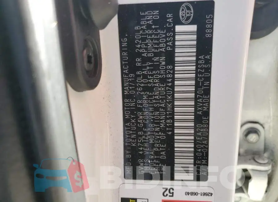 4T1B11HK1KU744828 Photo# 12