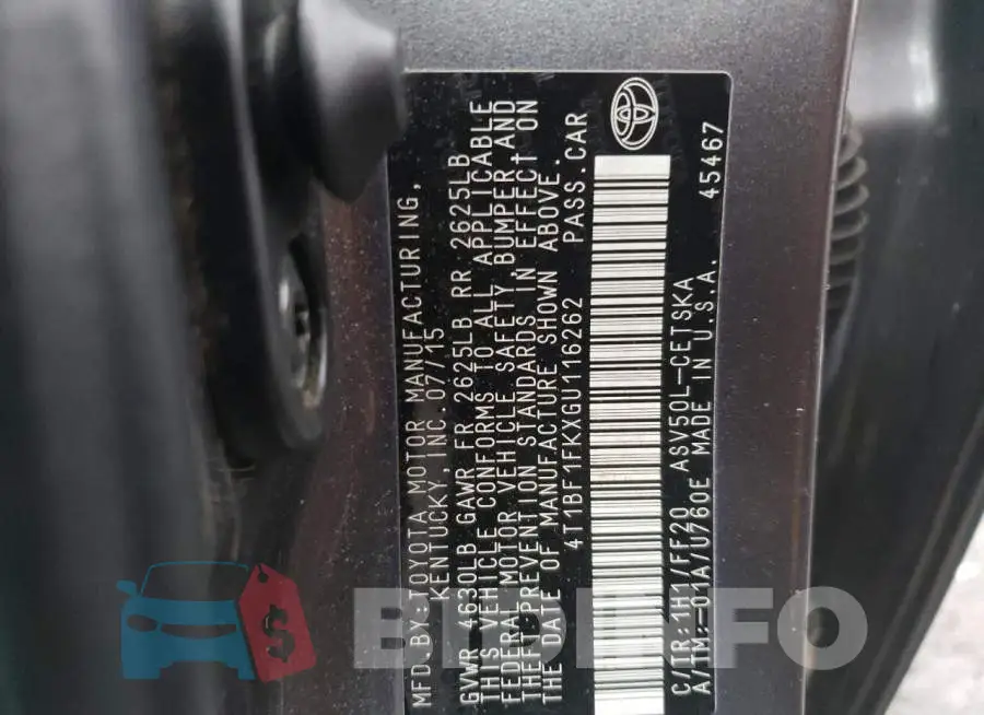 4T1BF1FKXGU116262 Photo# 12