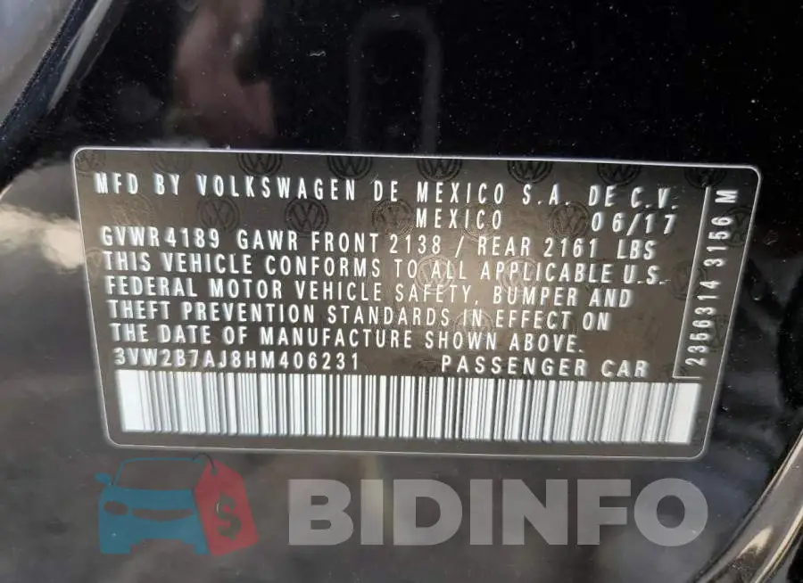 3VW2B7AJ8HM406231 Photo# 13