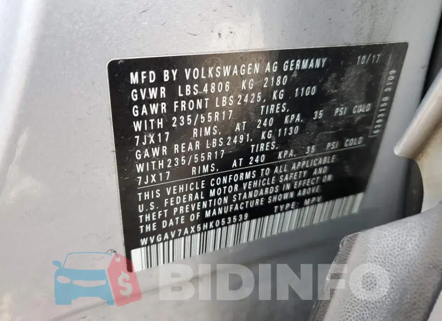 WVGAV7AX5HK053539 Photo# 12