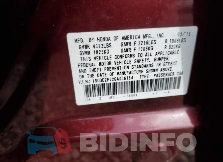 19UDE2F72GA006164 Photo# 12
