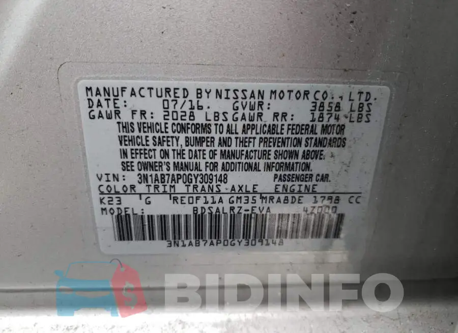 3N1AB7AP0GY309148 Photo# 12