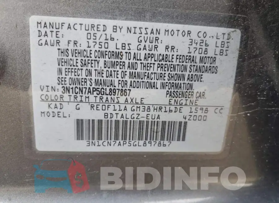 3N1CN7AP5GL897867 Photo# 13