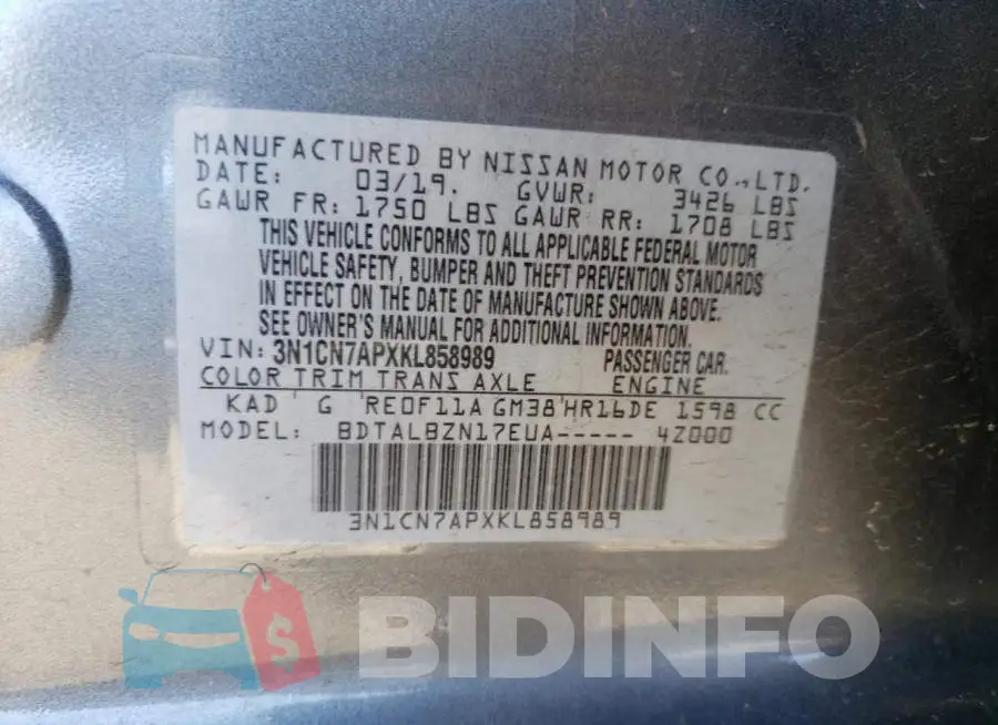 3N1CN7APXKL858989 Photo# 13