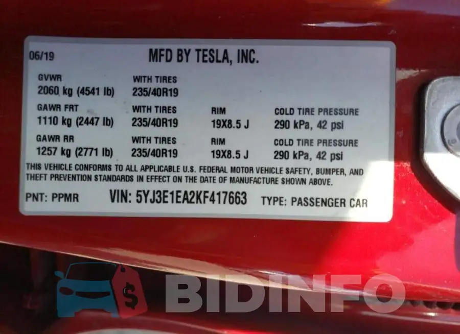 5YJ3E1EA2KF417663 Photo# 12