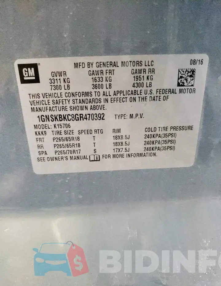 1GNSKBKC8GR470392 Photo# 13